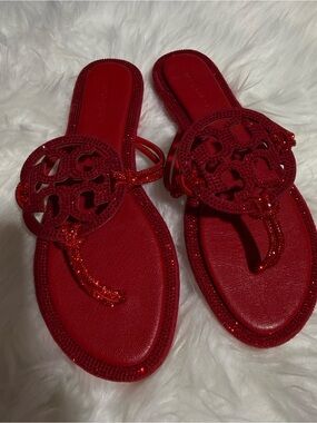 Red Embellished Women's Slide Sandals